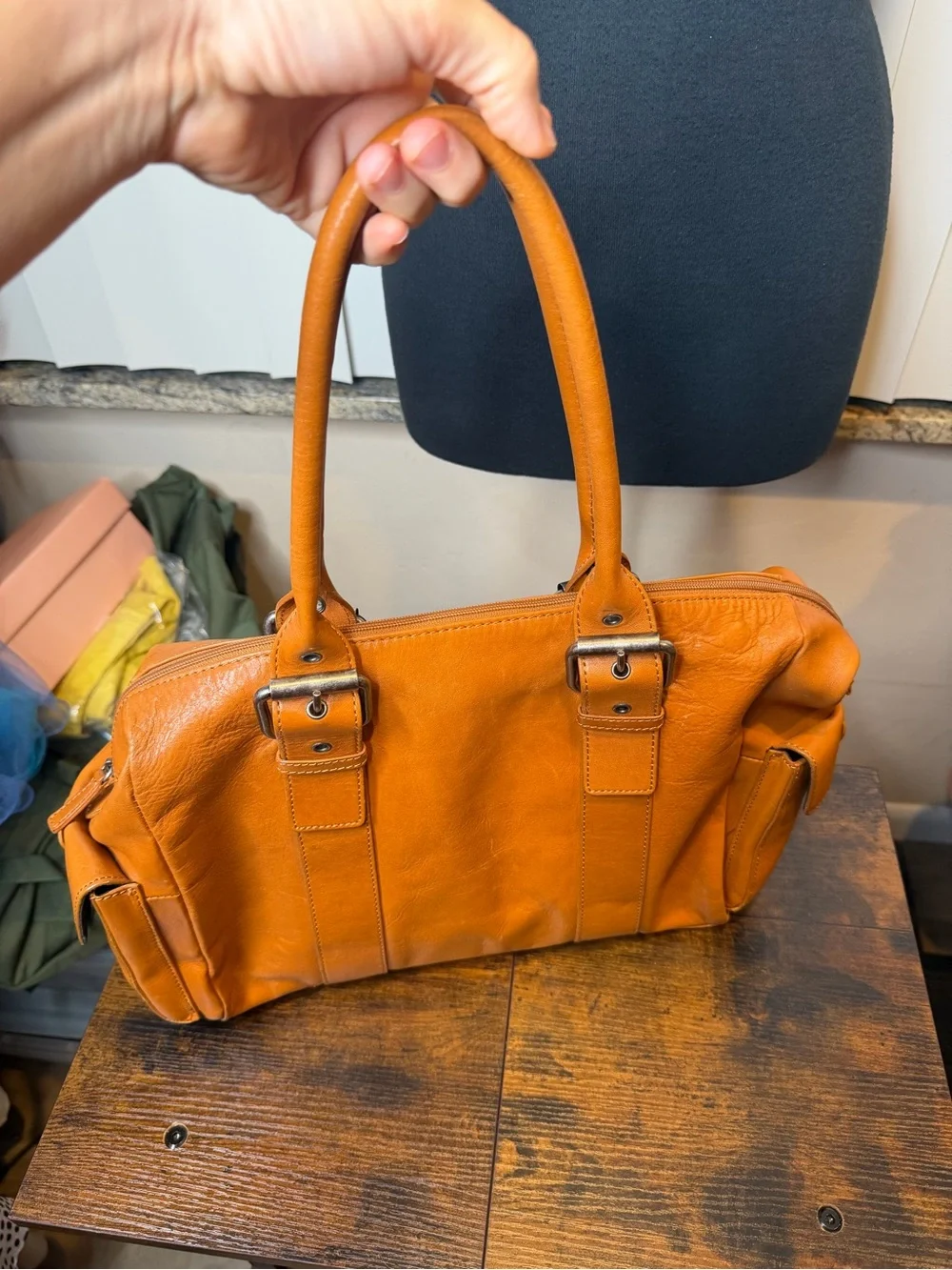 Hype faux leather tan satchel handbag functional side pockets